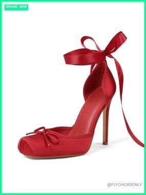 Satin Ballet Heels Closed Toe Stiletto Pumps with Bow Ankle Strap